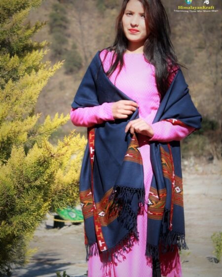 Blue Hand Woven Kullu Design Handloom Pure Wool Shawl
