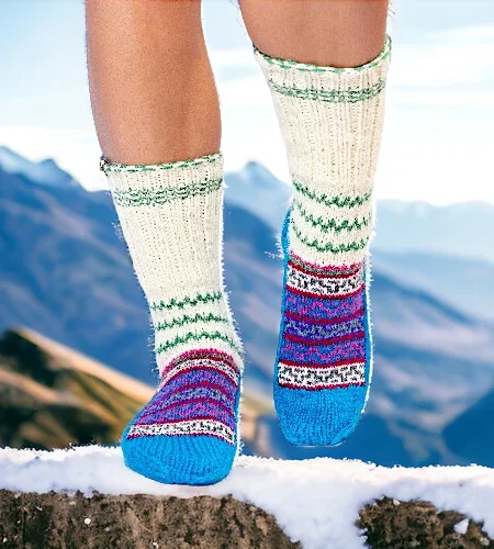 White Blue Himalayan Wool Hand Knitted Socks for Men and Women by HimachalBox.in