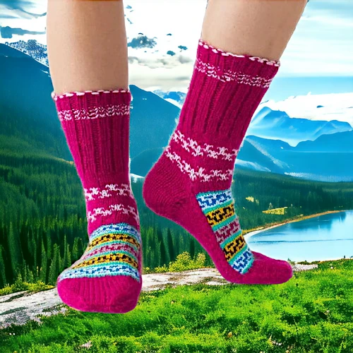 Pink Color Wool Hand Knitted Socks for Men and Women by HimachalBox.in, Kullu Socks, Himachal Socks, Himalayan Socks, Manali Socks, Kasol Socks, Pahadi Socks, Lahuli Socks,