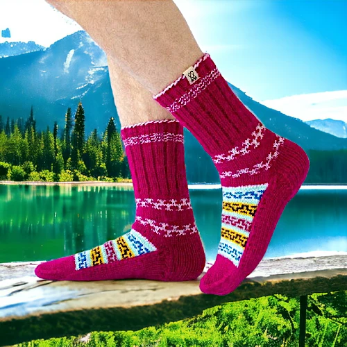 Pink Color Wool Hand Knitted Socks for Men and Women by HimachalBox.in, Kullu Socks, Himachal Socks, Himalayan Socks, Manali Socks, Kasol Socks, Pahadi Socks, Lahuli Socks,