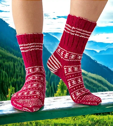 Red Wool Hand Knitted Socks for Men and Women by HimachalBox.in, Kullu Socks, Himachal Socks, Himalayan Socks, Manali Socks, Kasol Socks, Pahadi Socks, Lahuli Socks,