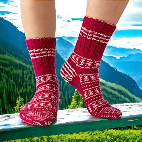 Red Wool Hand Knitted Socks for Men and Women by HimachalBox.in, Kullu Socks, Himachal Socks, Himalayan Socks, Manali Socks, Kasol Socks, Pahadi Socks, Lahuli Socks,