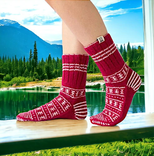 Red Wool Hand Knitted Socks for Men and Women by HimachalBox.in, Kullu Socks, Himachal Socks, Himalayan Socks, Manali Socks, Kasol Socks, Pahadi Socks, Lahuli Socks,