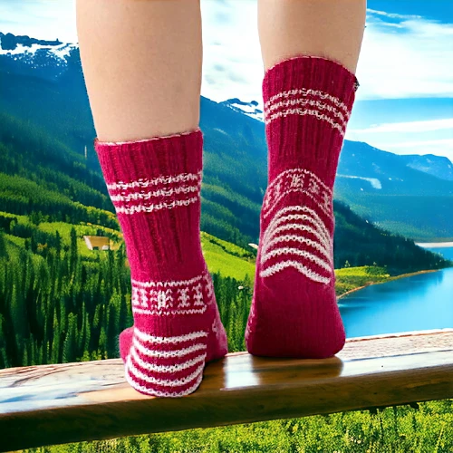 Red Wool Hand Knitted Socks for Men and Women by HimachalBox.in, Kullu Socks, Himachal Socks, Himalayan Socks, Manali Socks, Kasol Socks, Pahadi Socks, Lahuli Socks,
