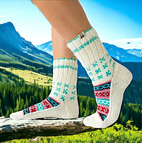 White Multicolor Hand Knitted Socks for Men and Women by HimachalBox.in, Kullu Socks, Himachal Socks, Himalayan Socks, Manali Socks, Kasol Socks, Pahadi Socks, Lahuli Socks,