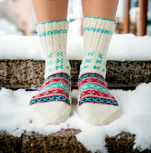 White Multicolor Hand Knitted Socks for Men and Women by HimachalBox.in, Kullu Socks, Himachal Socks, Himalayan Socks, Manali Socks, Kasol Socks, Pahadi Socks, Lahuli Socks,