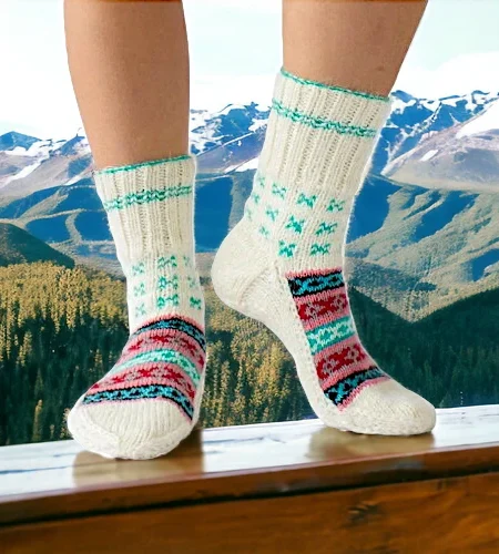 White Multicolor Hand Knitted Socks for Men and Women by HimachalBox.in, Kullu Socks, Himachal Socks, Himalayan Socks, Manali Socks, Kasol Socks, Pahadi Socks, Lahuli Socks,