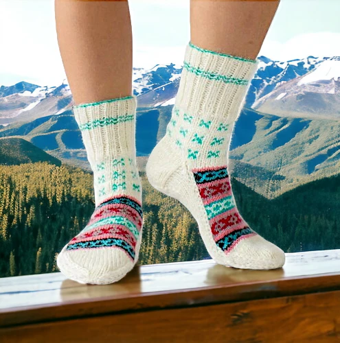 White Multicolor Hand Knitted Socks for Men and Women by HimachalBox.in, Kullu Socks, Himachal Socks, Himalayan Socks, Manali Socks, Kasol Socks, Pahadi Socks, Lahuli Socks,