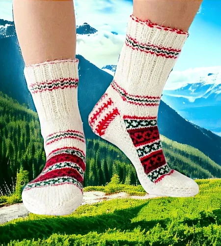 White Multicolor Hand Knitted Socks for Men and Women by HimachalBox.in, Kullu Socks, Himachal Socks, Himalayan Socks, Manali Socks, Kasol Socks, Pahadi Socks, Lahuli Socks,