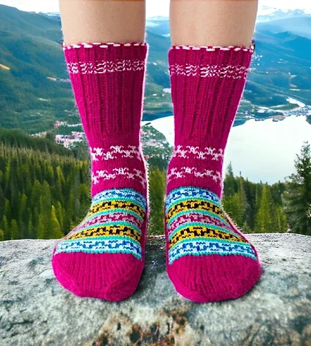 Pink Color Wool Hand Knitted Socks for Men and Women by HimachalBox.in, Kullu Socks, Himachal Socks, Himalayan Socks, Manali Socks, Kasol Socks, Pahadi Socks, Lahuli Socks,