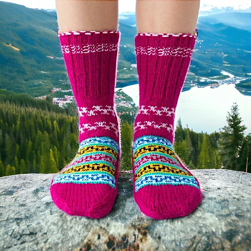 Pink Color Wool Hand Knitted Socks for Men and Women by HimachalBox.in, Kullu Socks, Himachal Socks, Himalayan Socks, Manali Socks, Kasol Socks, Pahadi Socks, Lahuli Socks,