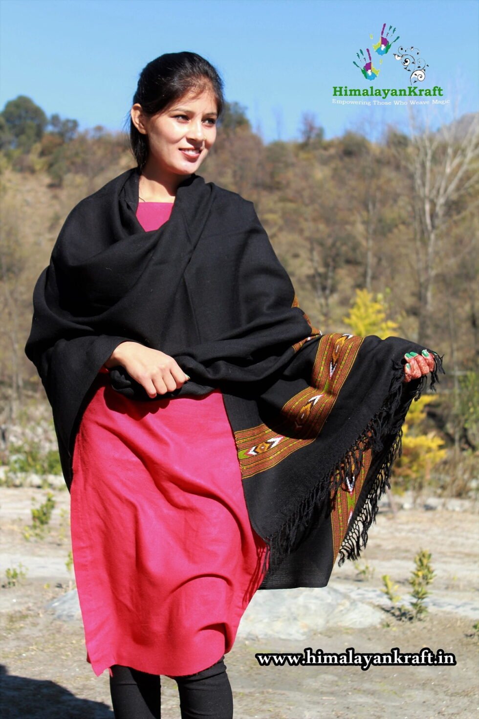 Kullu Handloom Pure Wool Shawl Black Color Weaver's Pride Himachal Shawl