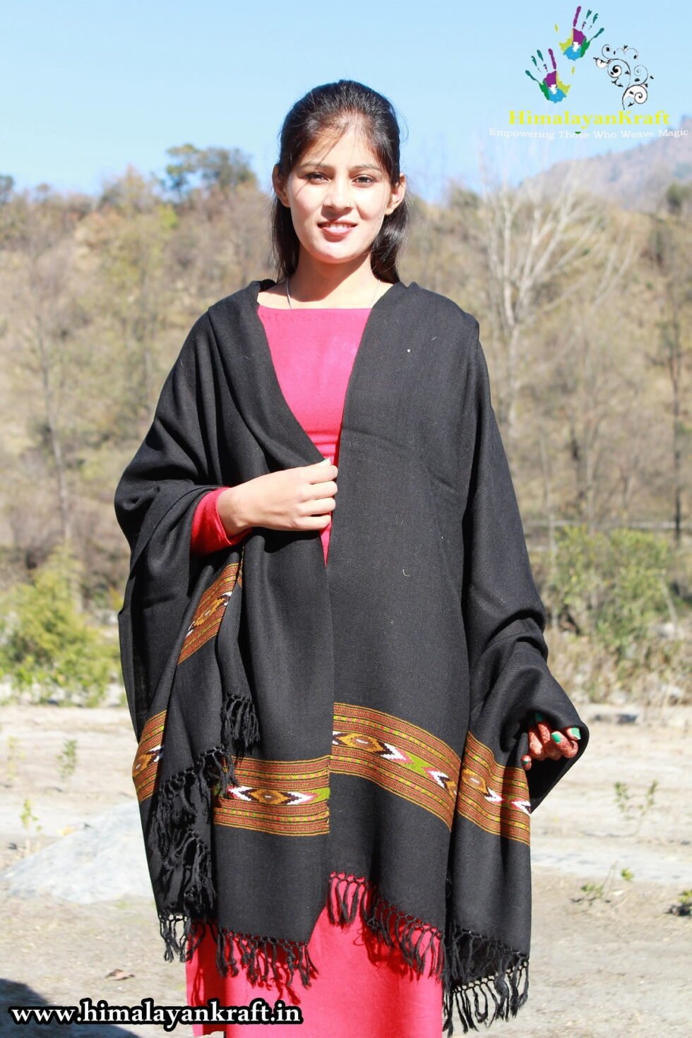 Kullu Handloom Pure Wool Shawl Black Color Weaver's Pride Himachal Shawl