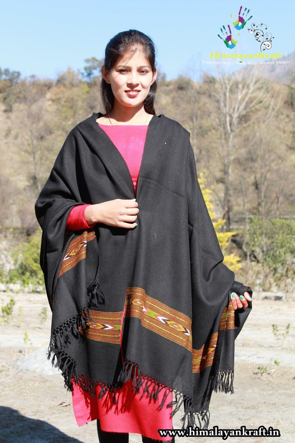 Kullu Handloom Pure Wool Shawl Black Color Weaver's Pride Himachal Shawl