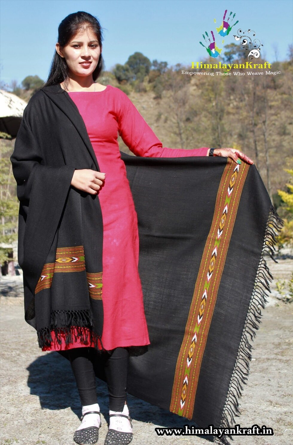 Kullu Handloom Pure Wool Shawl Black Color Weaver's Pride Himachal Shawl
