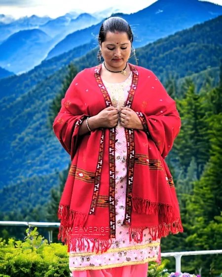 Kullu Handloom Pure Wool Shawl Red Color Weaver's Pride Himachal Shawl