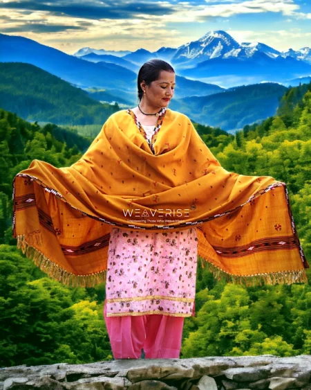 Kullu Handloom Pure Wool Shawl Yellow Color Weaver's Pride Himachal Shawl