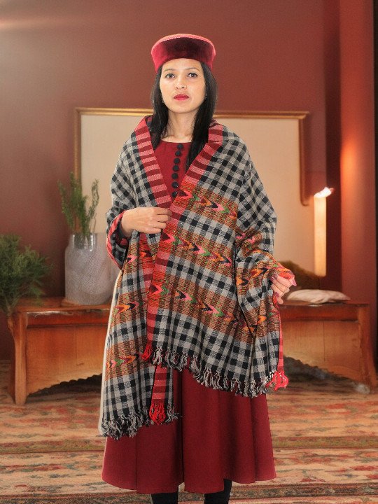 Women's Pure Wool Scarf with Authentic G.I. Patented Kullu Design - Handloom Crafted Himachal Box