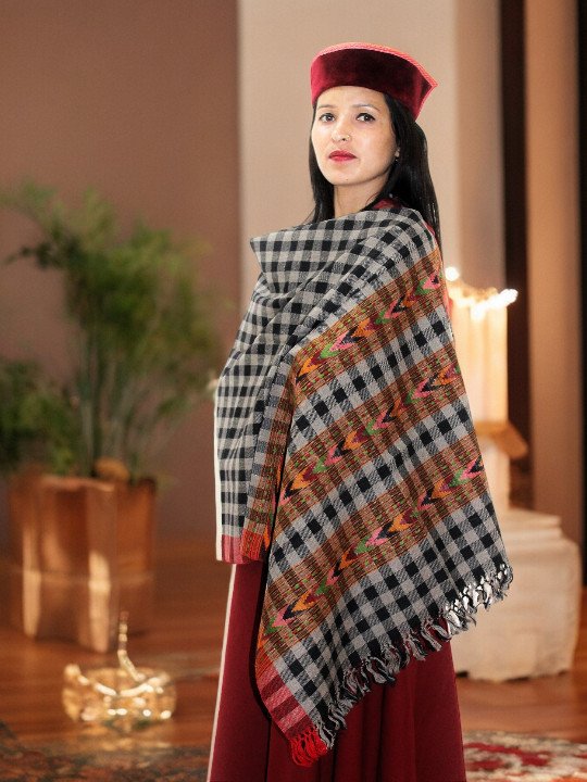 Women's Pure Wool Scarf with Authentic G.I. Patented Kullu Design - Handloom Crafted Himachal Box