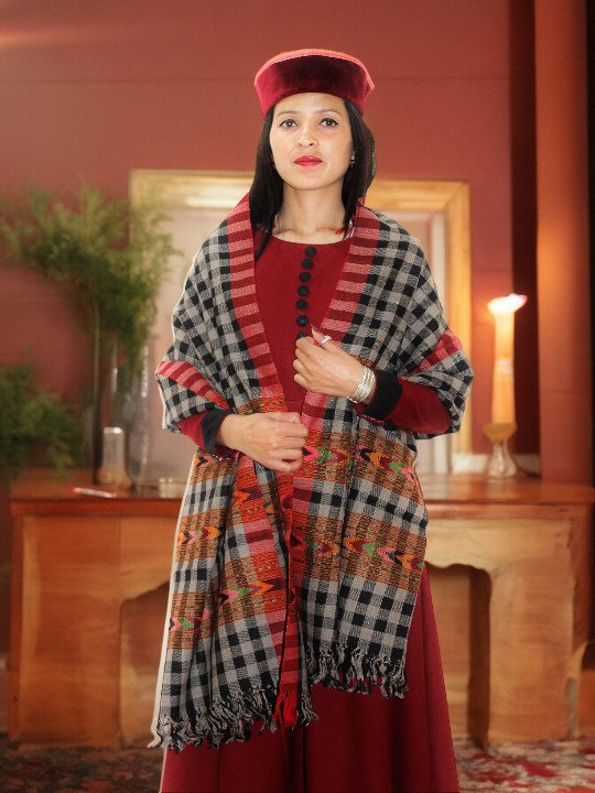 Women's Pure Wool Scarf with Authentic G.I. Patented Kullu Design - Handloom Crafted Himachal Box