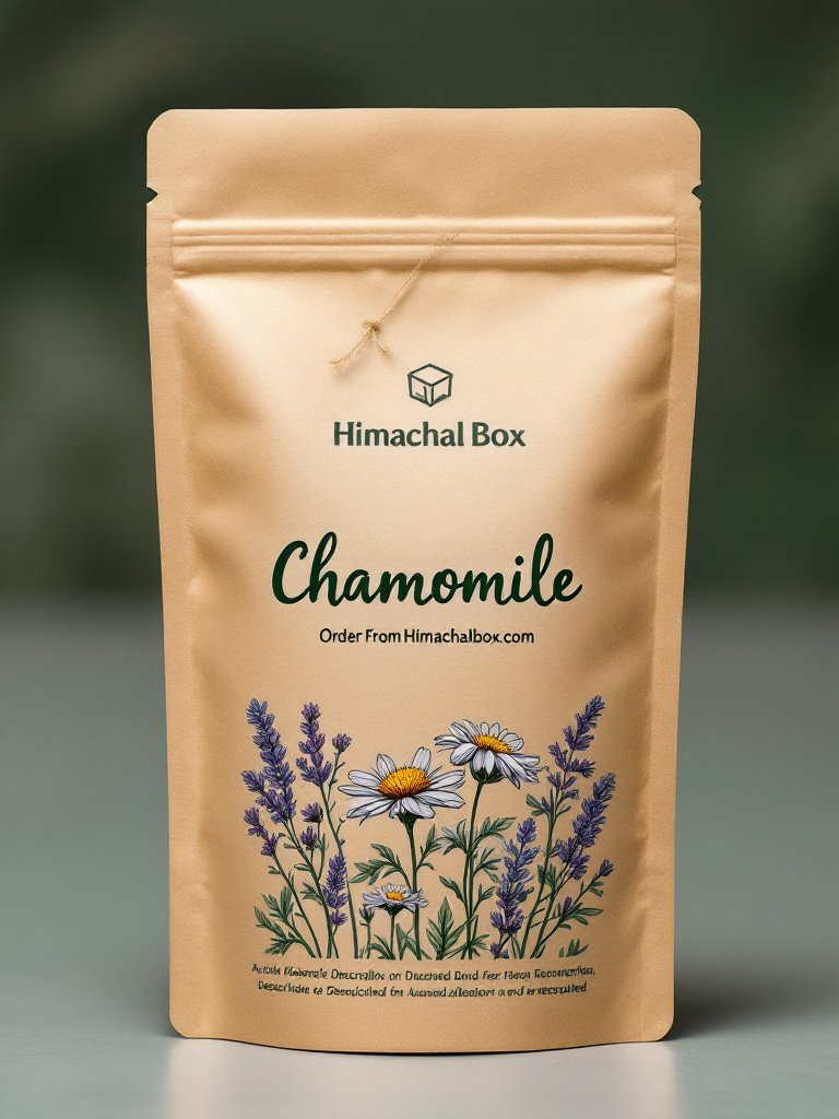 Dried chamomile flowers in a pouch and cup of herbal tea, organically grown and hand-packed in the hills of Himachal – calming, aromatic, and caffeine-free.