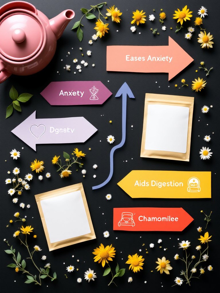 Dried chamomile flowers in a pouch and cup of herbal tea, organically grown and hand-packed in the hills of Himachal – calming, aromatic, and caffeine-free.
