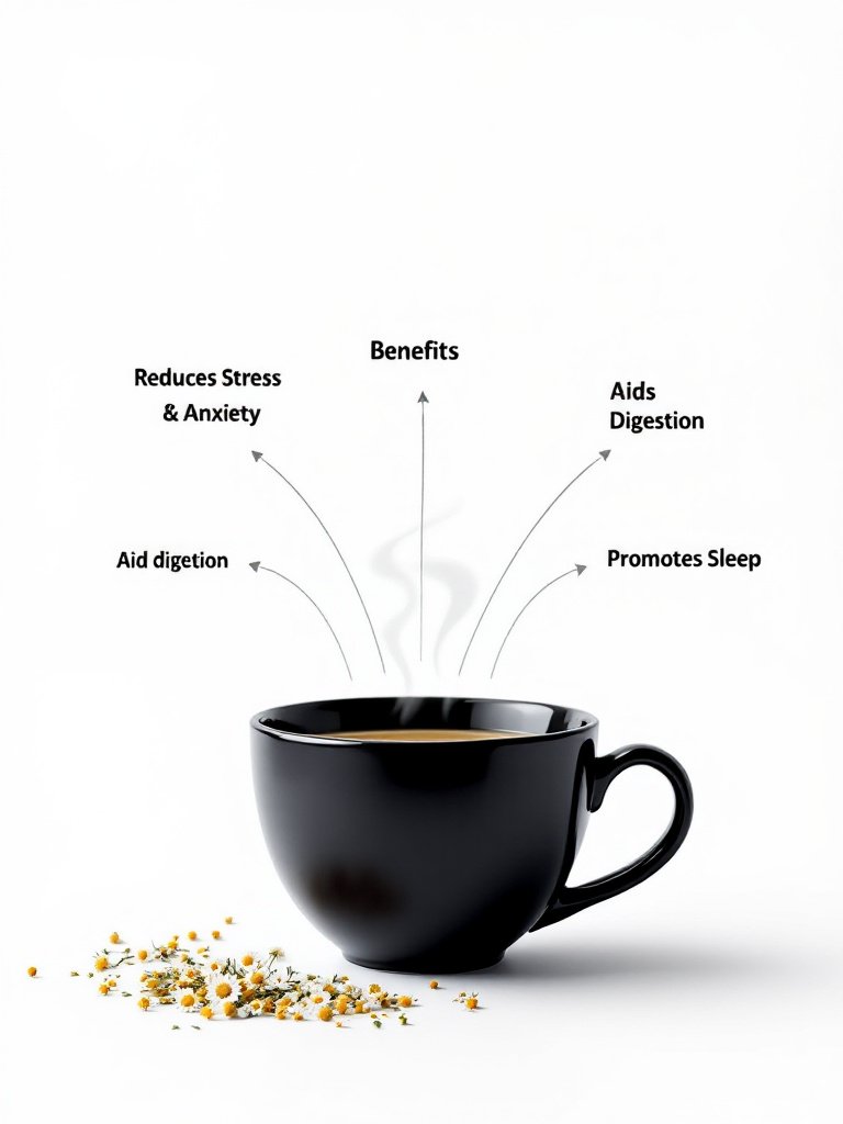 Dried chamomile flowers in a pouch and cup of herbal tea, organically grown and hand-packed in the hills of Himachal – calming, aromatic, and caffeine-free.