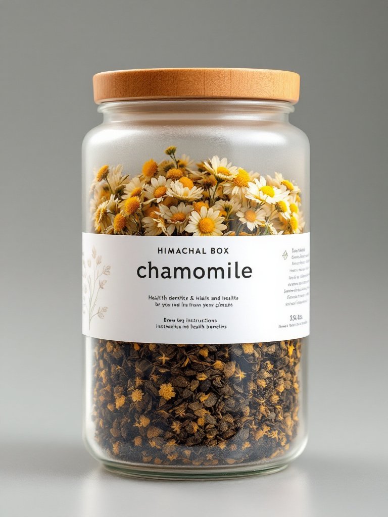 Dried chamomile flowers in a pouch and cup of herbal tea, organically grown and hand-packed in the hills of Himachal – calming, aromatic, and caffeine-free.