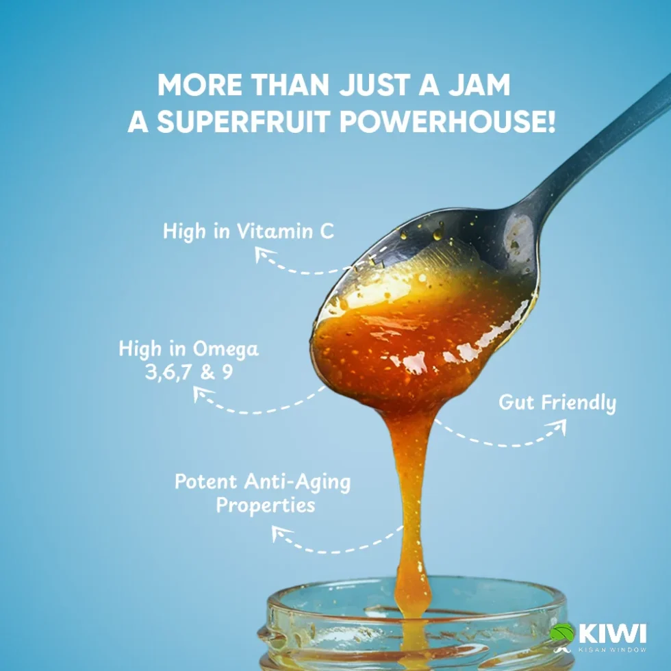 Homemade sea buckthorn jam in a glass jar, made from handpicked berries from the Himalayas, showcasing its rich golden-orange color and thick texture – a tangy, nutritious delight from Himachal Pradesh.