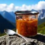Homemade sea buckthorn jam in a glass jar, made from handpicked berries from the Himalayas, showcasing its rich golden-orange color and thick texture – a tangy, nutritious delight from Himachal Pradesh.