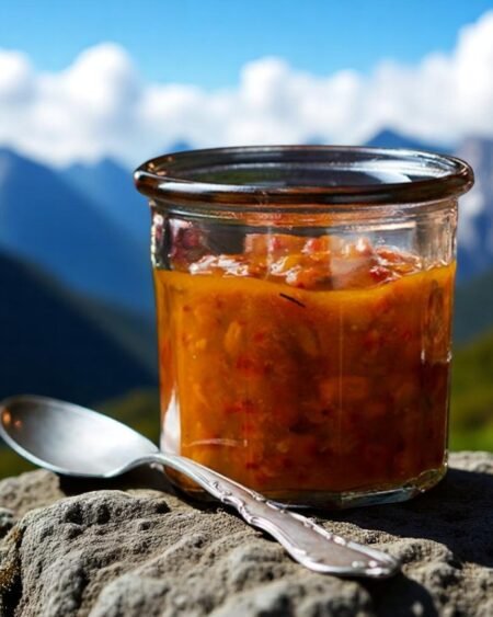 Homemade sea buckthorn jam in a glass jar, made from handpicked berries from the Himalayas, showcasing its rich golden-orange color and thick texture – a tangy, nutritious delight from Himachal Pradesh.