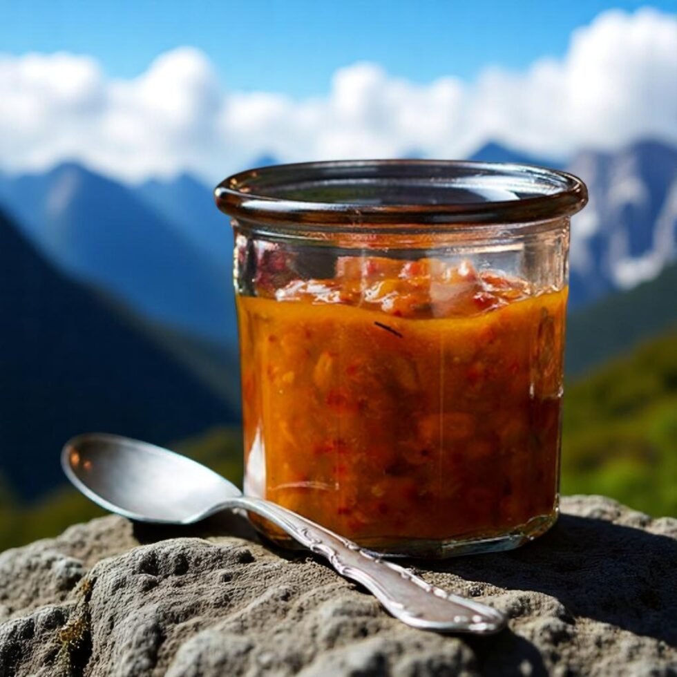 Homemade sea buckthorn jam in a glass jar, made from handpicked berries from the Himalayas, showcasing its rich golden-orange color and thick texture – a tangy, nutritious delight from Himachal Pradesh.
