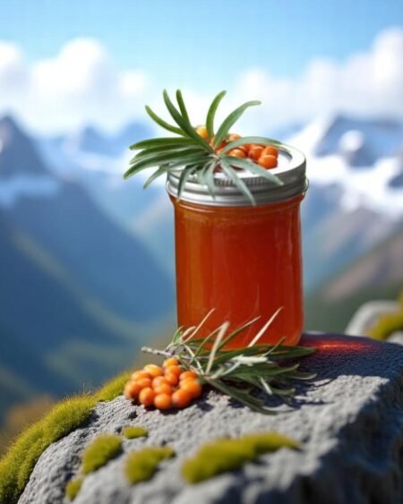 Homemade sea buckthorn jam in a glass jar, made from handpicked berries from the Himalayas, showcasing its rich golden-orange color and thick texture – a tangy, nutritious delight from Himachal Pradesh.