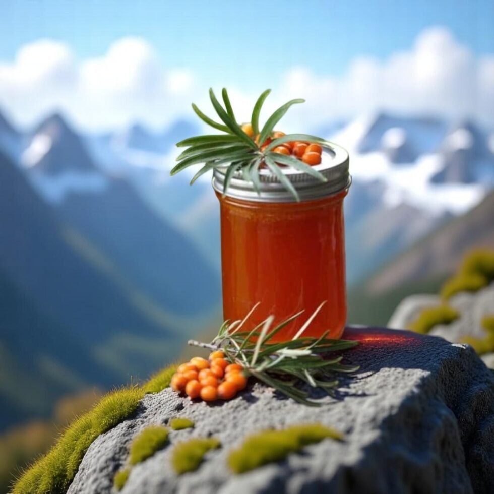 Homemade sea buckthorn jam in a glass jar, made from handpicked berries from the Himalayas, showcasing its rich golden-orange color and thick texture – a tangy, nutritious delight from Himachal Pradesh.