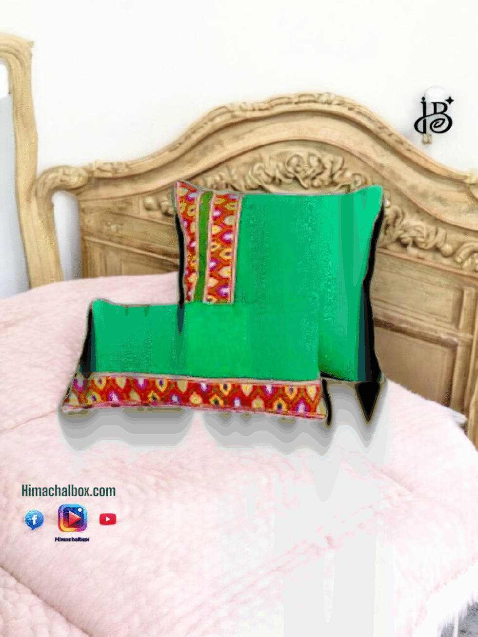 Green Kullu Shawl Design Bed Cushion Cover – Himachali Handloom for Your Home