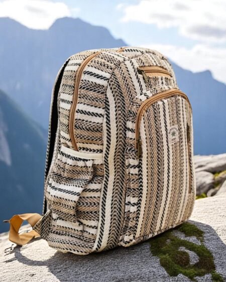 Handmade Himalayan hemp backpack with tribal stripes