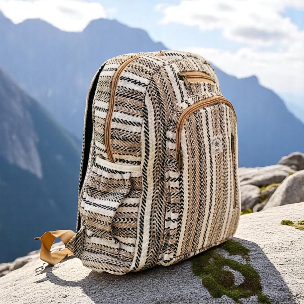 Handmade Himalayan hemp backpack with tribal stripes