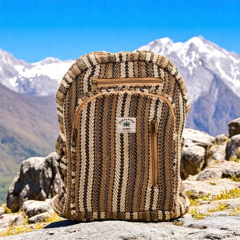 Handmade Himalayan hemp backpack with tribal stripes