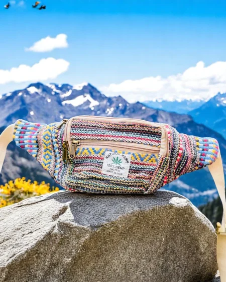 Pahadi Hands-Free Hemp Waist Pouch – Black & White Tribal Weave - Himachalbox.com