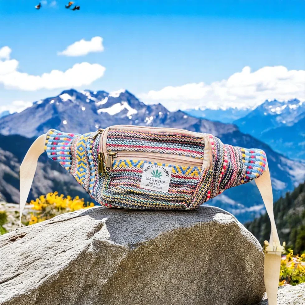 Pahadi Hands-Free Hemp Waist Pouch – Black & White Tribal Weave - Himachalbox.com