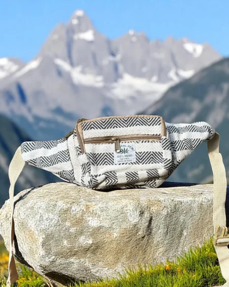 Himalayan Chevron Hemp Waist Pouch – Beige & Mustard Edition - Himachalbox.com