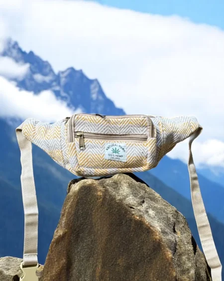 Sunny Trail Hemp Waist Bag – Natural Beige & Mustard Zigzag Design from Himachal - Himachalbox.com