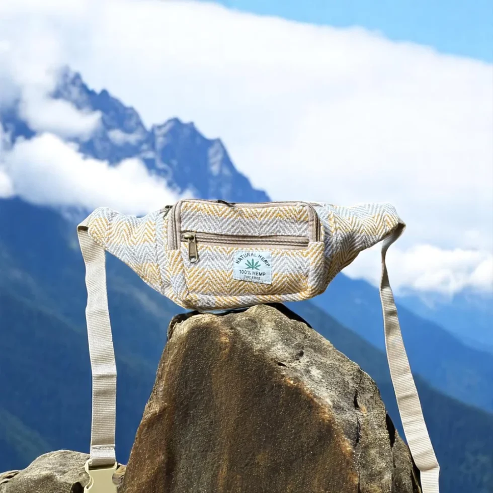 Sunny Trail Hemp Waist Bag – Natural Beige & Mustard Zigzag Design from Himachal - Himachalbox.com