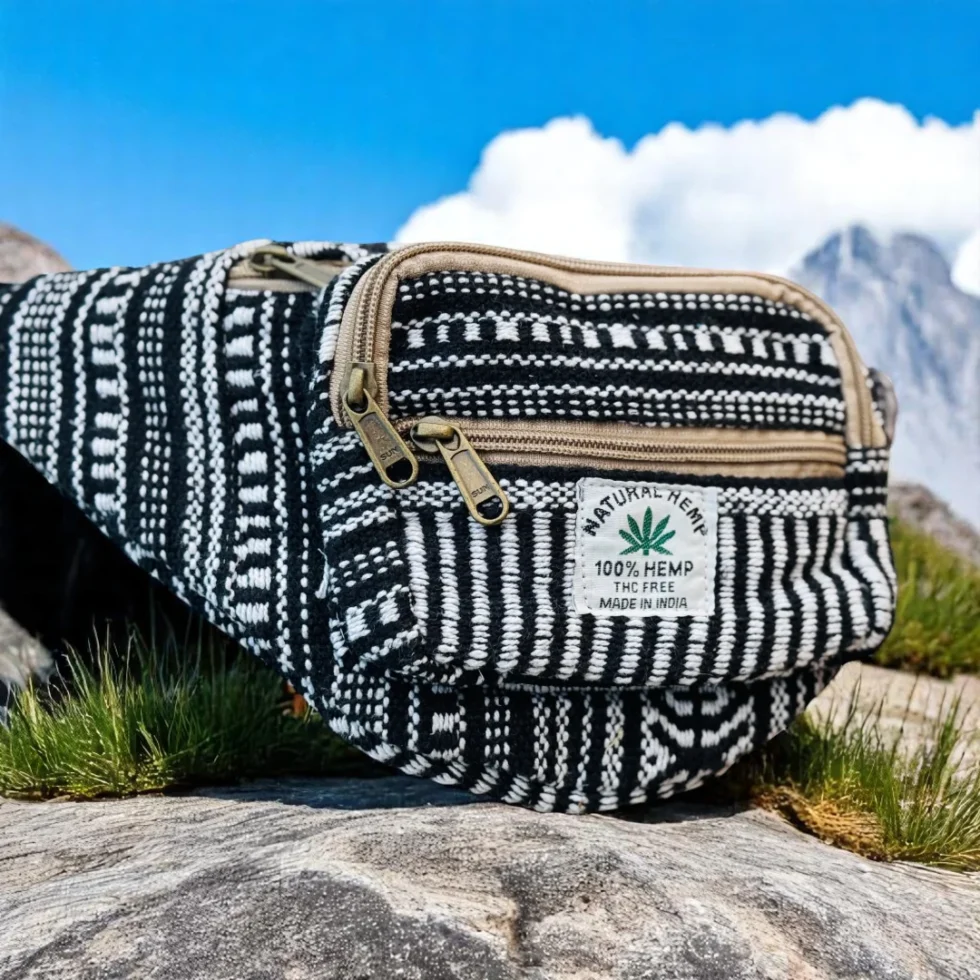 Himalayan Hemp Waist Bag – Black & White Handwoven Utility Pouch - Himachalbox.com