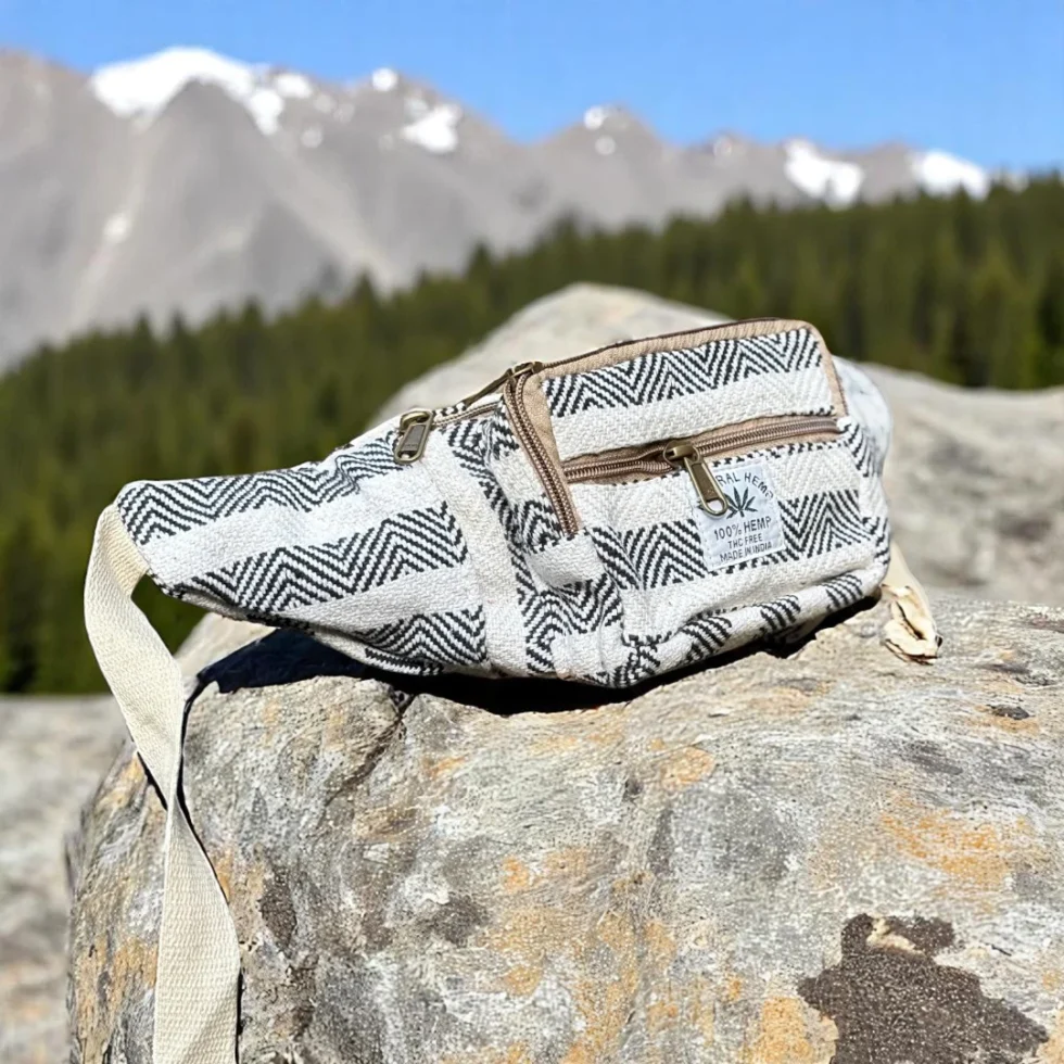 Himalayan Chevron Hemp Waist Pouch – Beige & Mustard Edition - Himachalbox.com