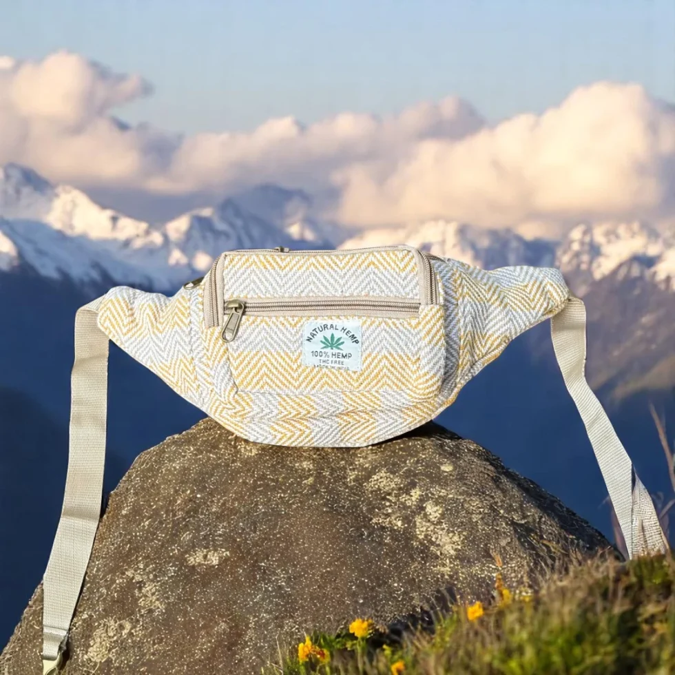 Sunny Trail Hemp Waist Bag – Natural Beige & Mustard Zigzag Design from Himachal - Himachalbox.com