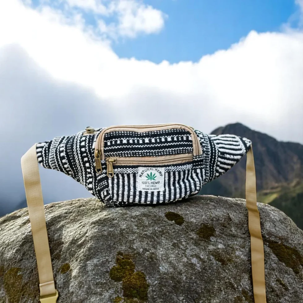 Himalayan Hemp Waist Bag – Black & White Handwoven Utility Pouch - Himachalbox.com
