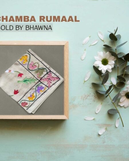 Buy GI-tagged Chamba Rumal with Raas Leela embroidery by Bhawna. A heritage artwork from Himachal Pradesh with fine silk thread embroidery and mirror-like double-side finish.