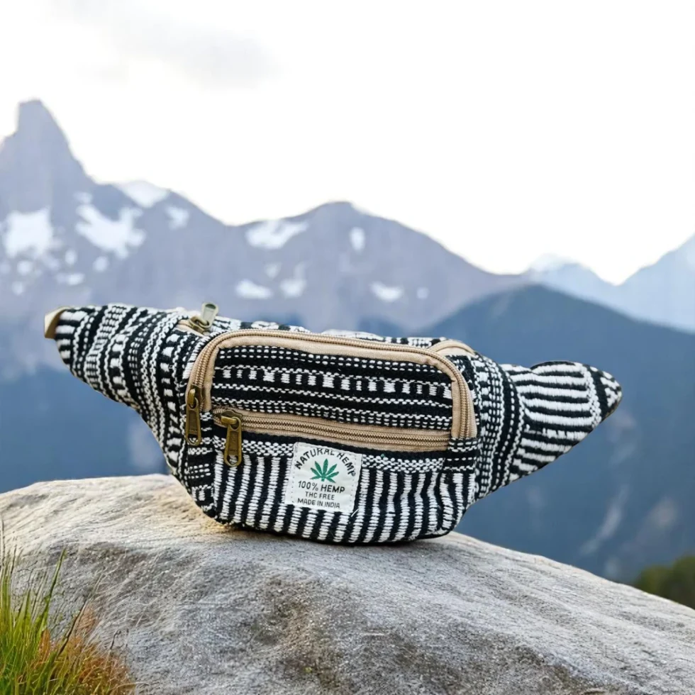 Himalayan Hemp Waist Bag – Black & White Handwoven Utility Pouch - Himachalbox.com
