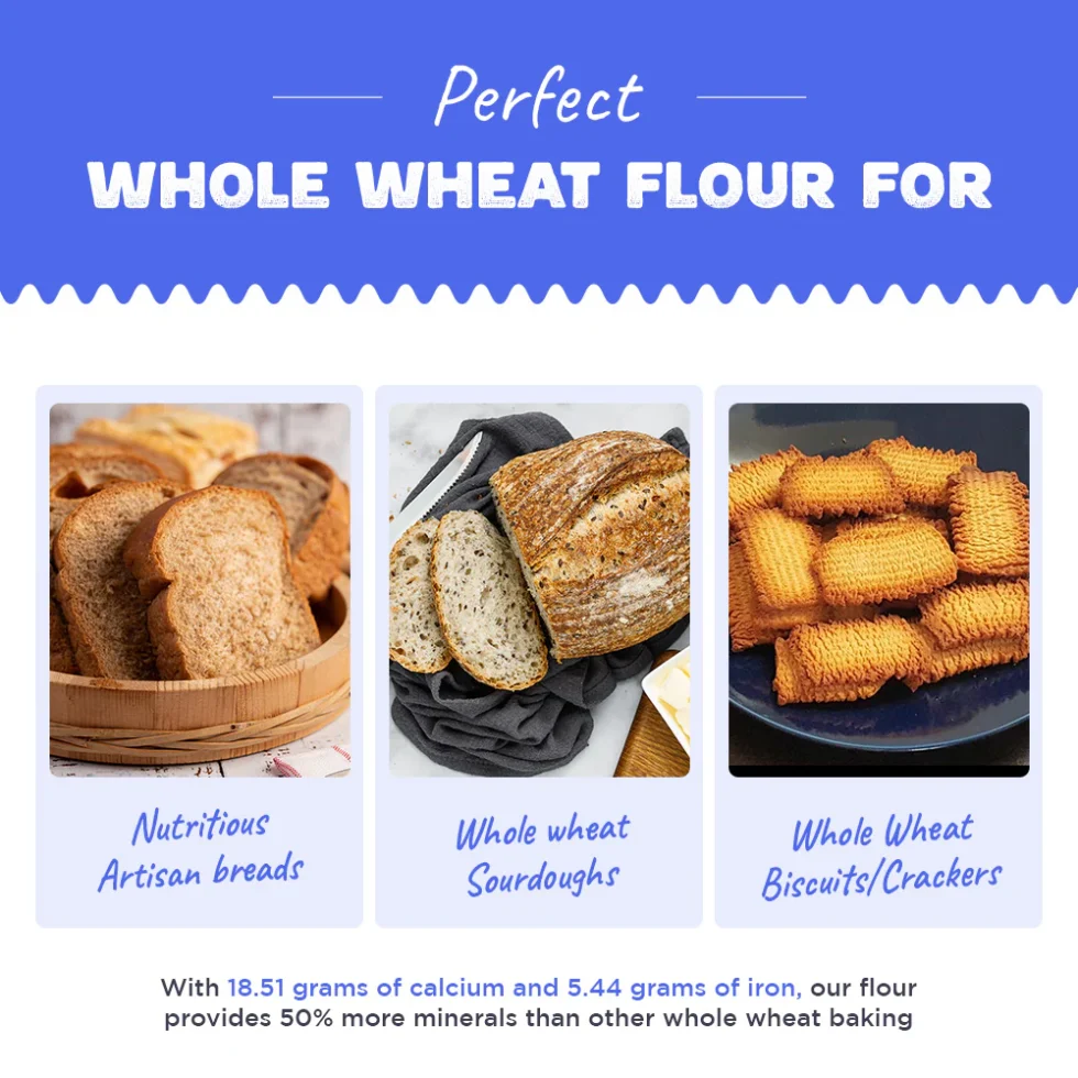Bake wholesome artisan breads with Raw Himalayas 100% Whole Wheat Bread Flour. Unbleached, high in protein, and rich in nutrients—ideal for sourdoughs, pizza bases, and more.
